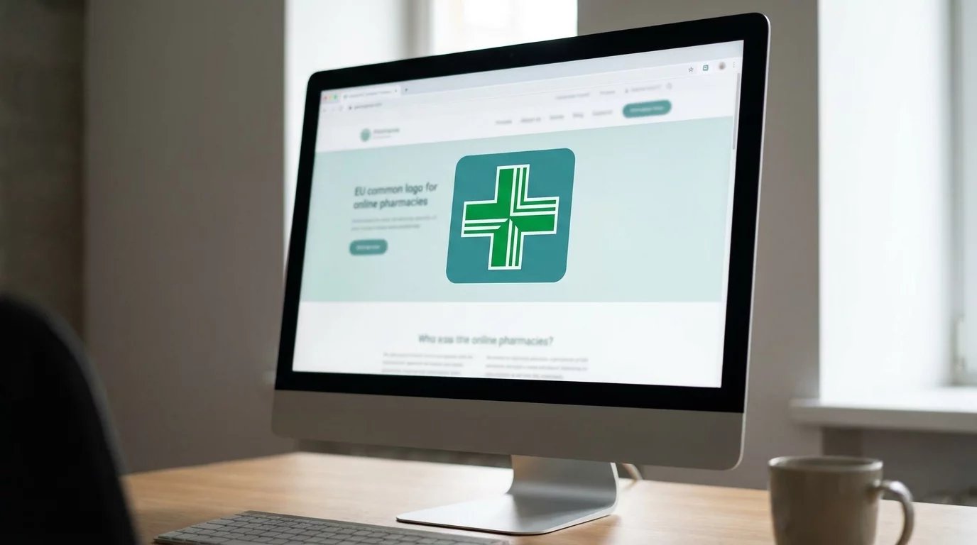 Ecran montrant le logo officiel commun de l'Union europeenne pour pharmacies en ligne