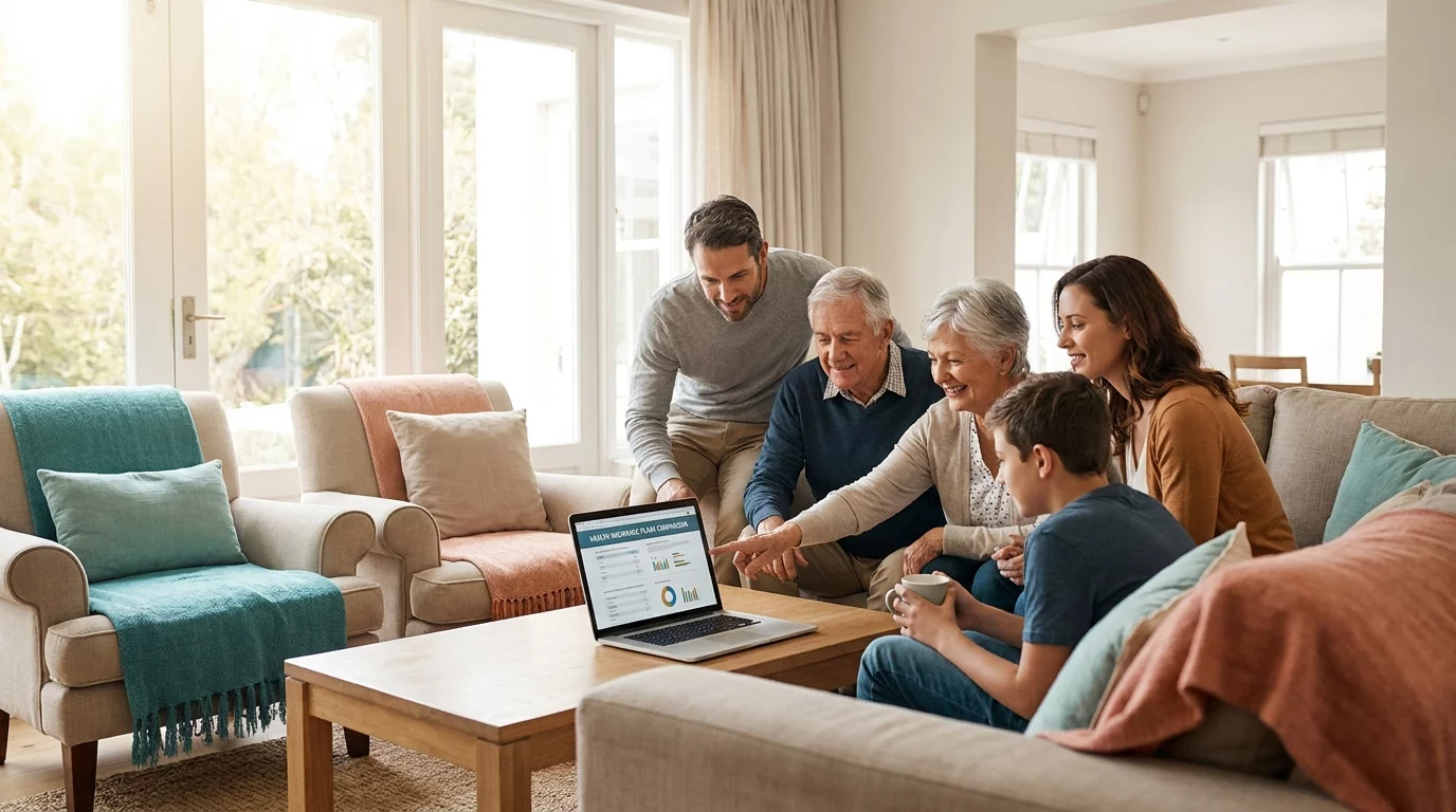 Famille consultant ensemble des offres de mutuelle sur ordinateur
