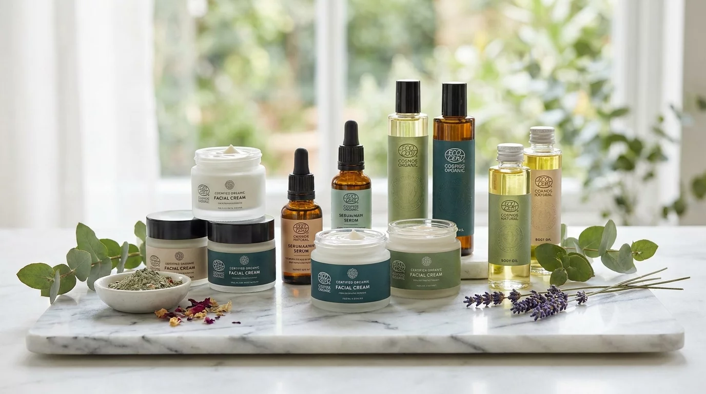 Gamme de cosmetiques bio avec labels visibles sur emballages