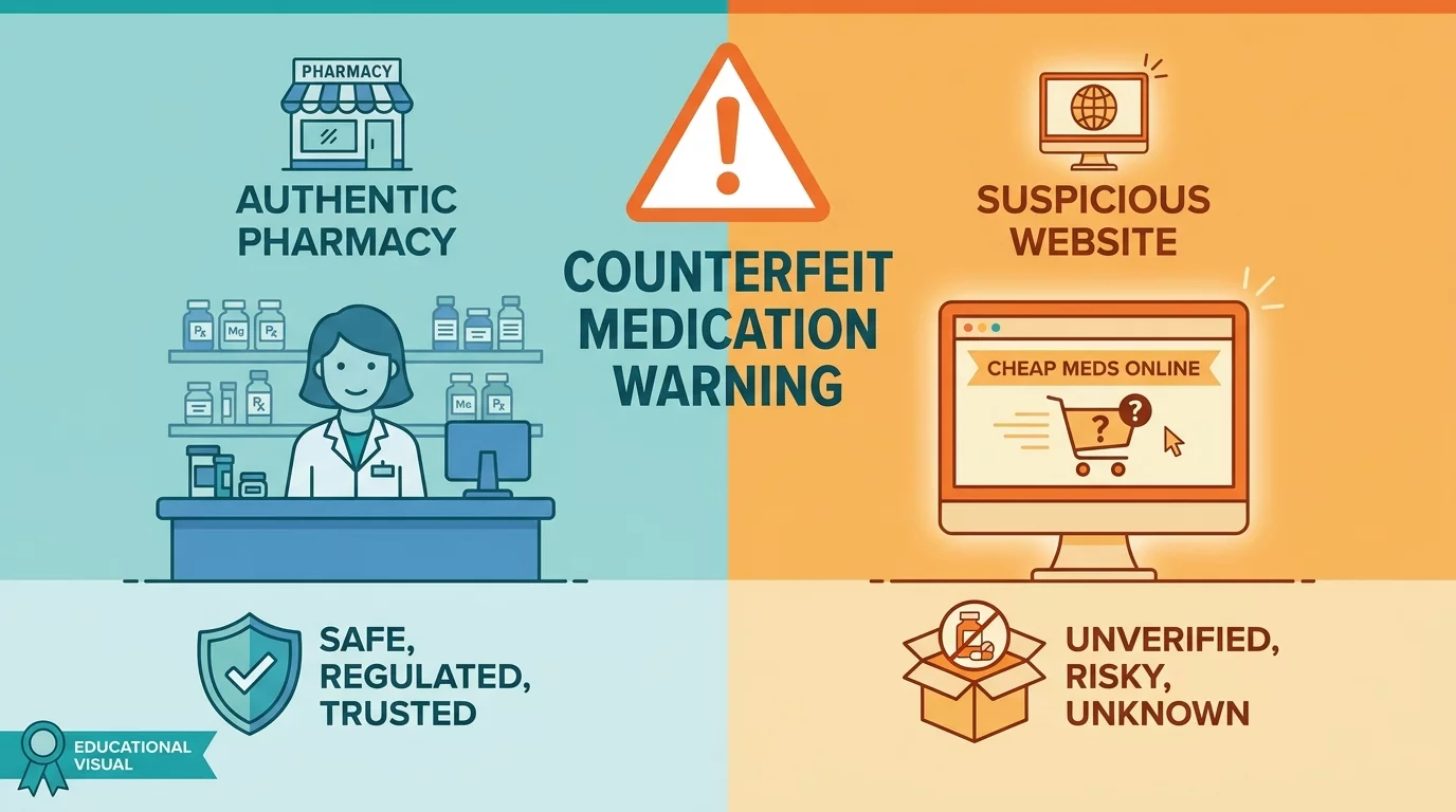 Illustration alerte sur les medicaments contrefaits avec symbole danger