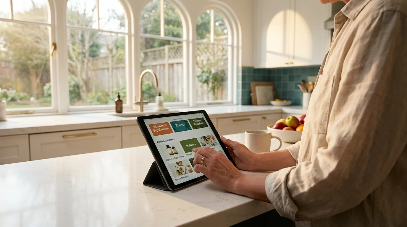 Personne consultant des produits de sante sur tablette dans un environnement lumineux et rassurant